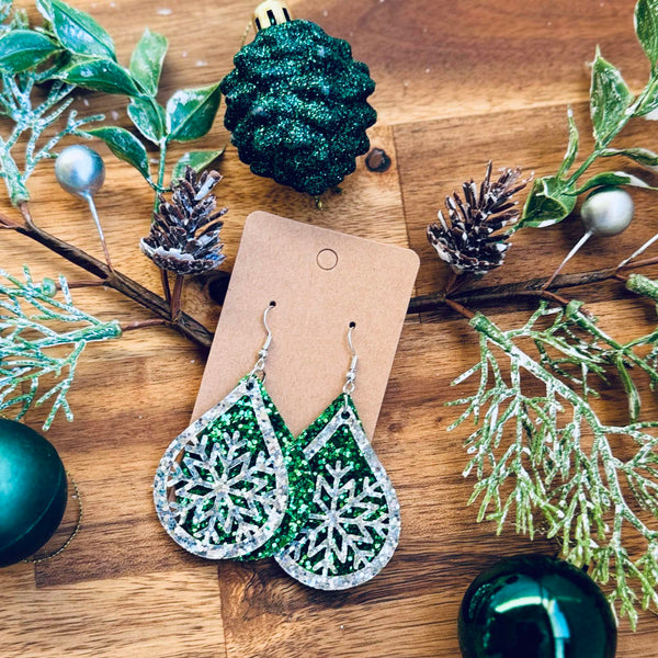 Sparkly Green Snowflake - Earrings